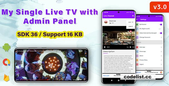 My Single Live TV Android App with Admin Panel (Android 16 supported) v3.0
